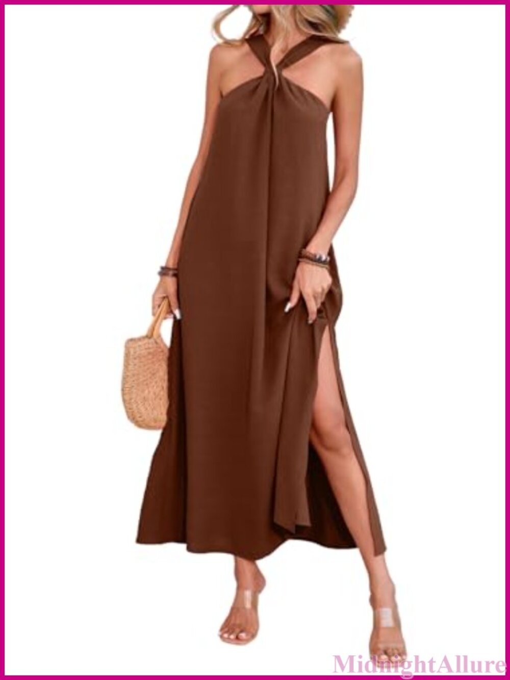 Womens Halter Maxi Dress Sleeveless Side Slit Loose Flowy Beach Vacation Casual